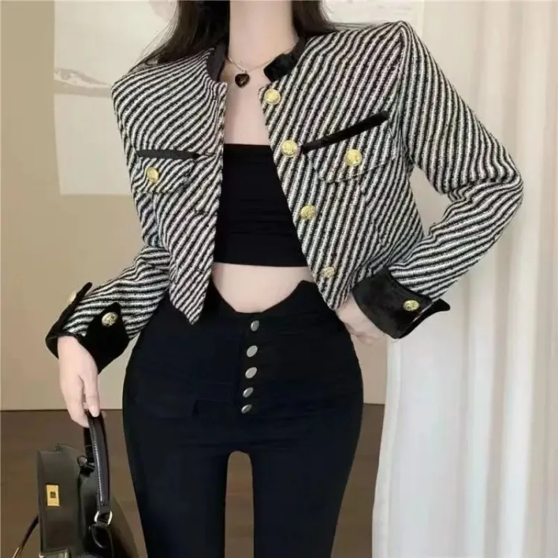 Top Trends: Korean Clothing Women Cardigans Wool Short Coat Spring Autumn Street Fashion All-match Casual Slim Long Sleeve Striped Jackets Shoppable Styles