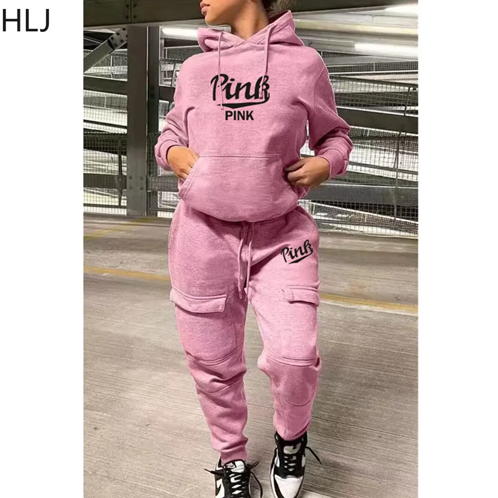 Top Trends: HLJ Fashion PINK Letter Print Hoody Tracksuits Women Long Sleeve Sweatshirt And Jogger Pants Two Piece Sets Casual 2pcs Outfits Shoppable Styles