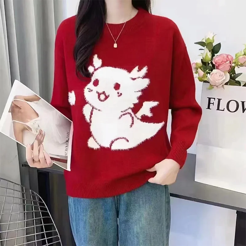 Top Trends: Women Clothing Sweaters Cute Cartoon Loose Fashion Chinese Style Pullovers Early Spring Red Knitted Top Knitwear Dragon Year New Shoppable Styles