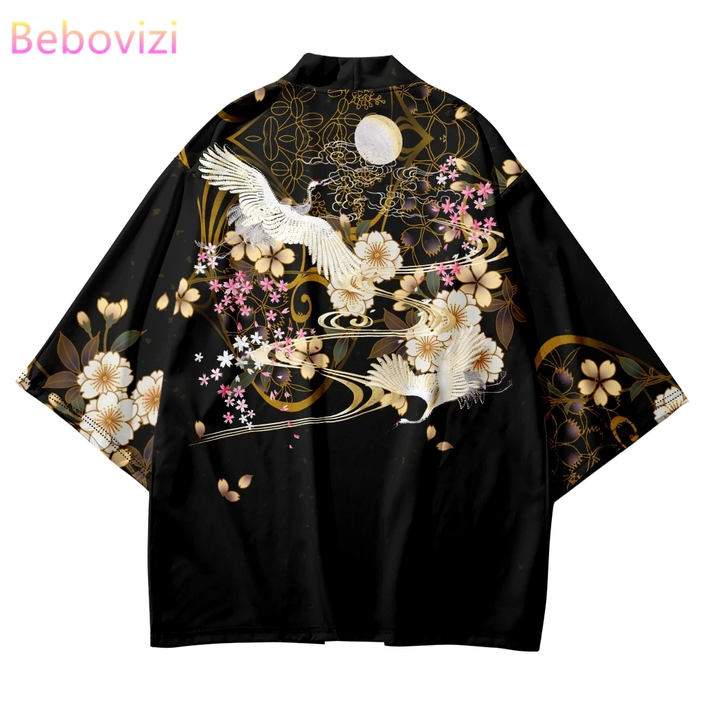 Top Trends: Harajuku Fashion Crane Print Japanese Kimono Traditional Vintage Streetwear Cardigan Robe Women Men Haori Top Yukata Shoppable Styles