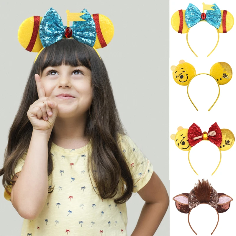 Top Trends: Disney 3.3&quot;Winnie Ears Headband For Girls 5&quot; Sequins Bow Hairband Festival Party Cosplay DIY Hair Accessories Shoppable Styles