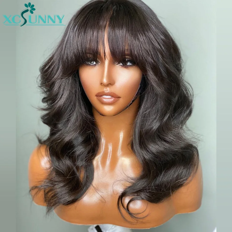 Top Trends: Body Wave Bang Wig Human Hair Wavy Wig With Bangs 200 Density Brazilian O Scalp Top Machine Made Wig For Black Women Xcsunny Shoppable Styles