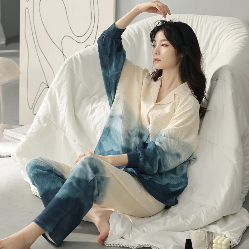 Top Trends: Autumn New Style Pajamas Women's Home Wear Round Neck Loose Casual Style 100% Cotton Two-piece Suit Lapel Cotton Suit Pyjamas Shoppable Styles