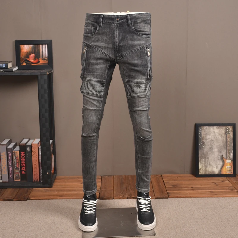 Top Trends: Street Fashion Men Jeans Retro Black Gray Spliced Designer Biker Jeans Homme Hip Hop Pants Men Stretch Slim Wrinkled Trousers Shoppable Styles