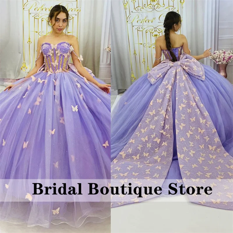 Top Trends: Mexican Off Shoulder Lilac Princess Ball Gown Quinceañera Dresses 2023 With Bow Appliques Beads Birthday Party For 15th Girls Shoppable Styles