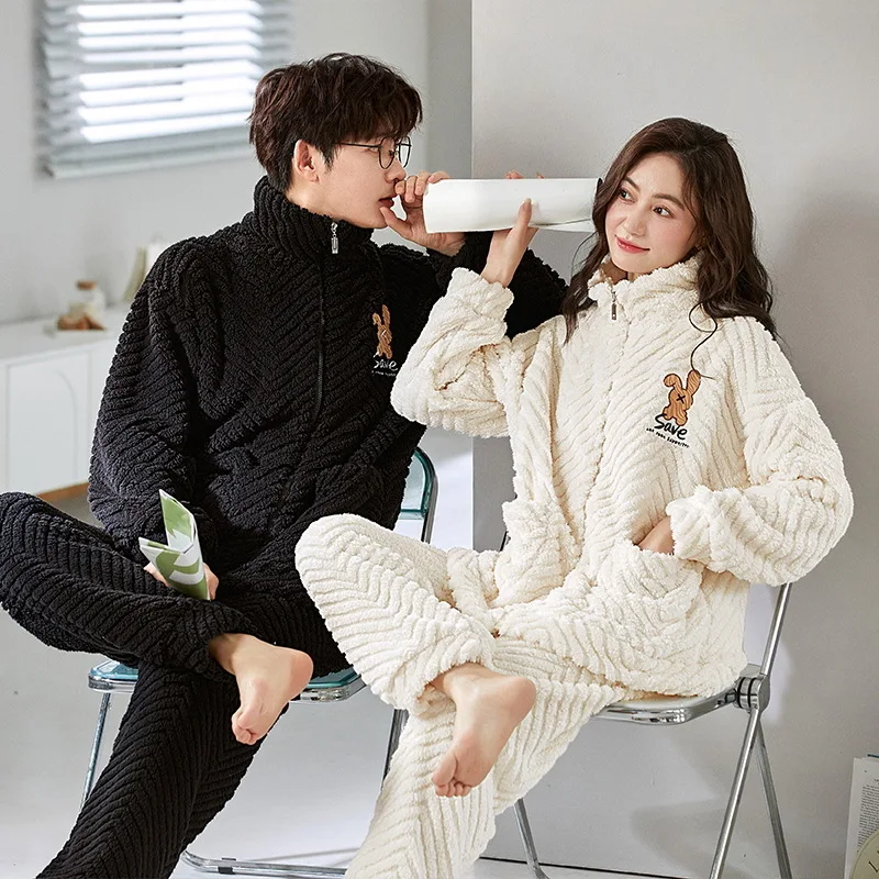 Top Trends: Korean Zipper Nightwear Couples Winter Warm Flannel Pajama Set Women Coral Fleece Pijama Men Casual Home Wear Pyjama Lounge Set Shoppable Styles