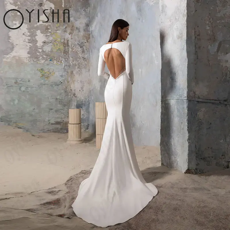 Top Trends: OYISHA Satin Mermaid Wedding Dresses V-Neck Long Sleeves Backless Bridal Gowns For Woman Appliques Exquisite Vestido De Mariages Shoppable Styles - Image 2