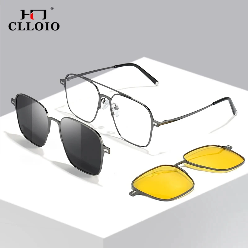 Top Trends: CLLOIO Classic Titanium 3 In 1 Magnet Clip On Glasses Frame Polarized Sunglasses Men Women Prescription Optical Glasses UV400 Shoppable Styles