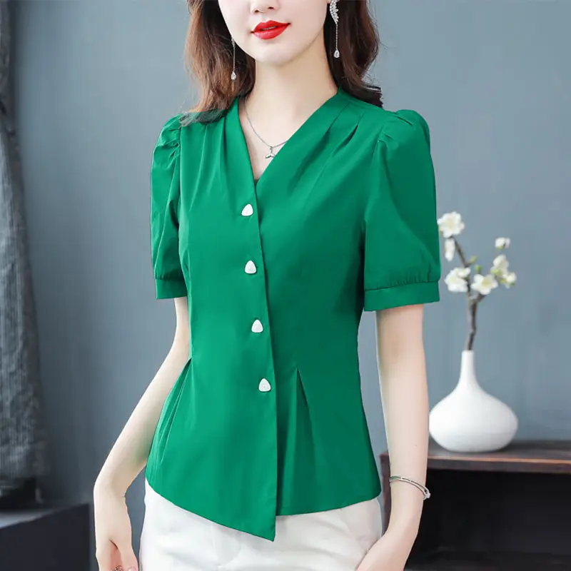 Top Trends: Women&#039;s Clothing Stylish Pleated Blouse Commute Solid Color Waist Summer Short Sleeve Elegant V-Neck Chic Single-breasted Shirt Shoppable Styles