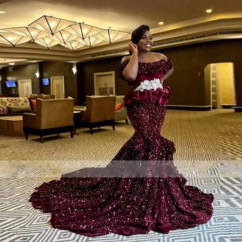 Top Trends: Aso Ebi Style Burgundy Mermaid Prom Dresses African Plus Size Sequined Evening Gowns Lace Satin Ruffles Formal Party Dress 2023 Shoppable Styles