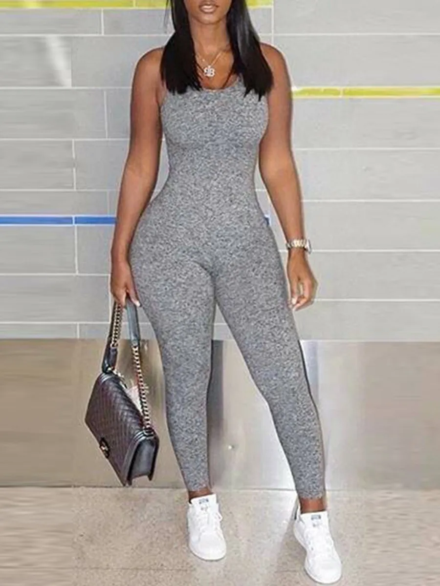 Top Trends: LW Basic Bodycon Jumpsuit For Women‘s Clothing 2022 Casual Brown Fitness Slim Rompers U Neck Skinny Grey Jumpsuit Overalls Shoppable Styles