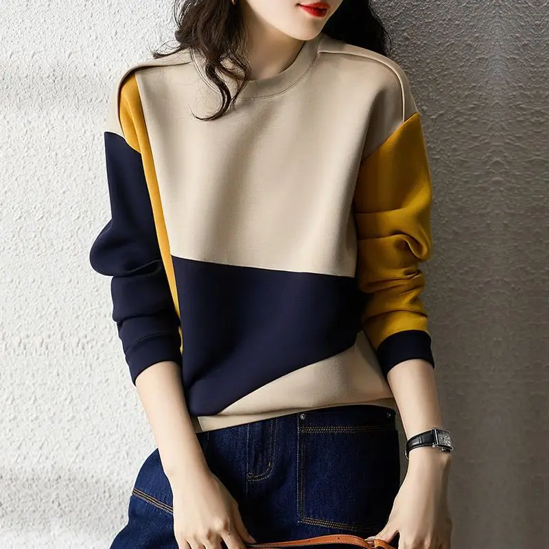 Top Trends: Female Round Neck Long Sleeve Pullovers Contrasting Colors Casual Patchwork Spring Autumn Fashion All-match Loose Sweatshirts Shoppable Styles