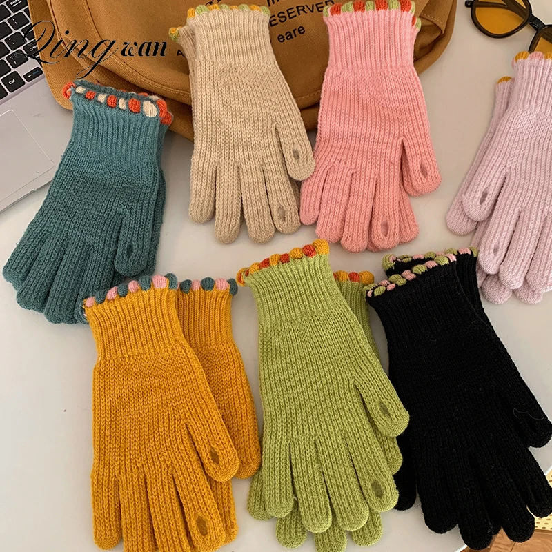 Top Trends: Ins Knitted Woolen Padded Gloves Women Kawaii Winter Warm Padded Students Riding Touchscreen Full Finger Gloves Shoppable Styles