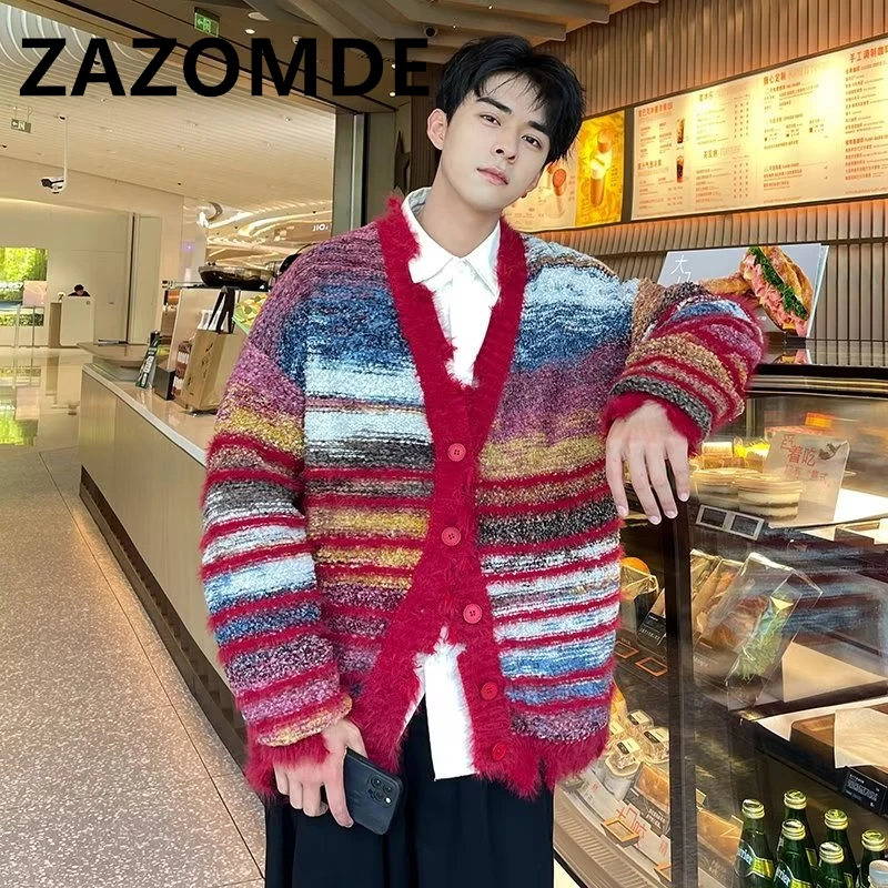 Top Trends: ZAZOMDE Fashion Y2K Cardigan Sweater Contrast Color Striped Sweater V-neck Single Breasted Knitwear Coat High Street Tops Winter Shoppable Styles - Image 4