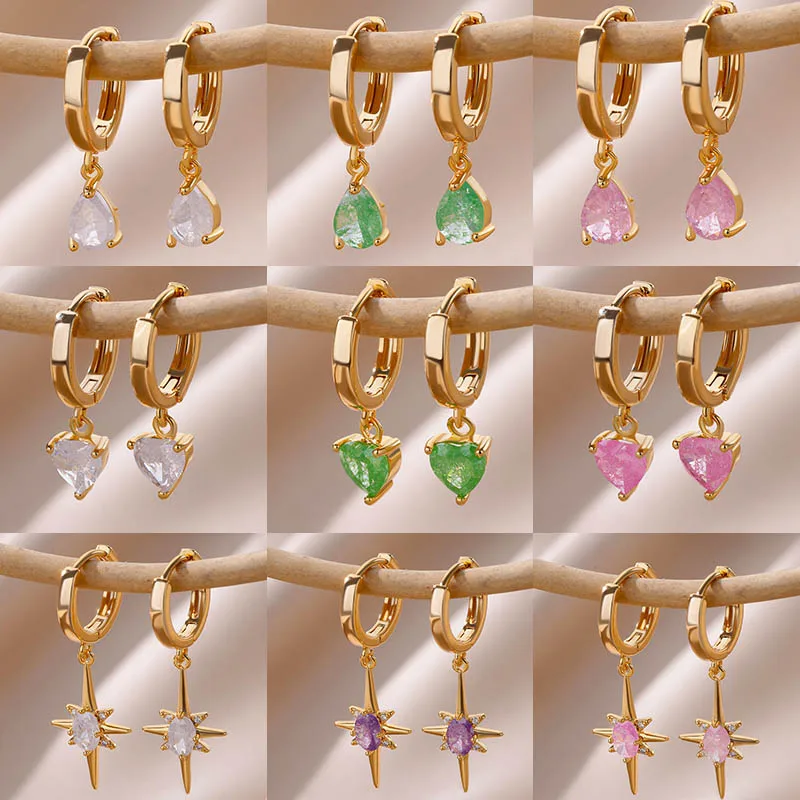 Top Trends: Colored Zircon Drop Hoop Earrings For Women Gold Plated Stainless Steel Heart Dainty Geometric Earring Christmas Wedding Jewelry Shoppable Styles