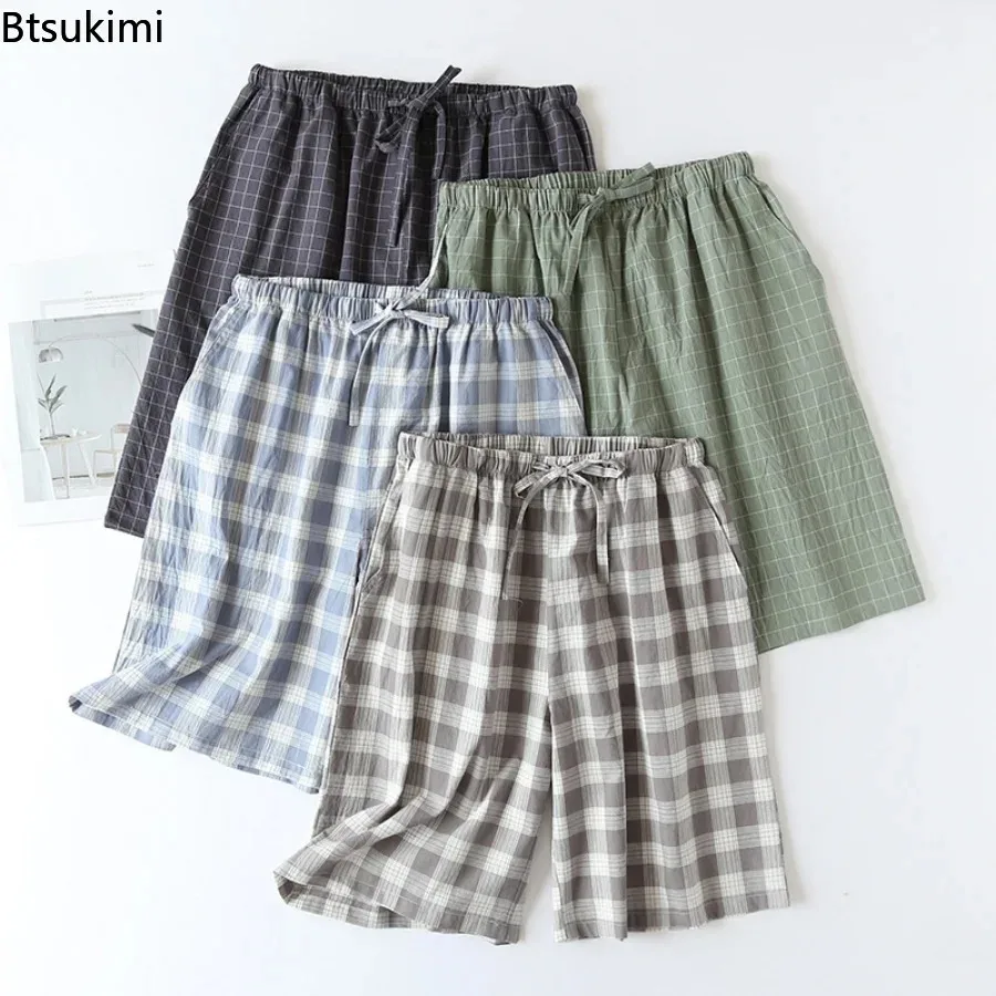 Top Trends: New 2024 Men's Sleepwear Pajama Shorts Plaid Design 100% Cotton Casual Loose Double-layer Homewear Sleep Bottoms Male Home Pants Shoppable Styles