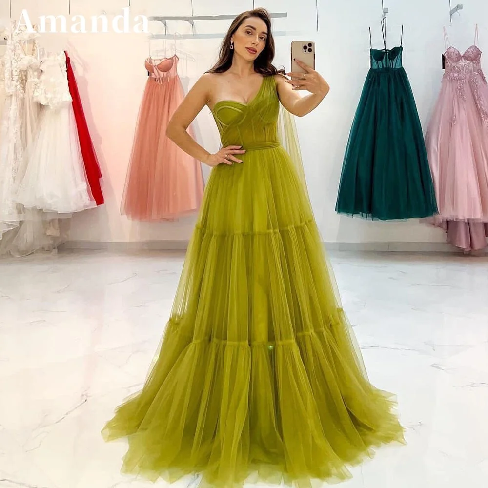 Top Trends: Amanda Matcha Green A-line Prom Dress Exquisite One Shoulder فساتين السهرة Sexy Sleeveless Multilayer Vestidos De Noche Shoppable Styles