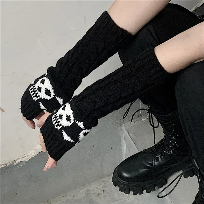 Top Trends: Y2K Arm Warmers Black Skull Gloves Goth Long Fingerless Arm Sleeve Gloves Women Knitting Warm Gloves Punk EMO Fashion Mittens Shoppable Styles