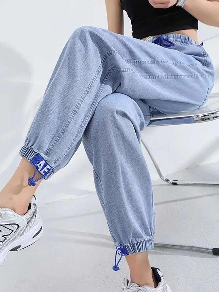 Top Trends: Light Blue Thin High Waist Harem Pants Spring Summer Drawstring Loose Ankle-length Denim Trousers Simple Streetwear Women Pants Shoppable Styles