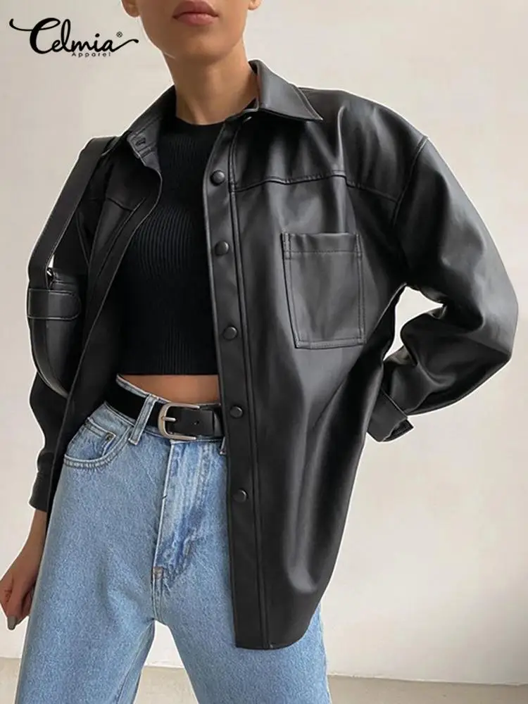 Top Trends: Womens Leather Jacket Autumn 2023 Thin Bomber Jacket Celmia Vintage Long Sleeve Coats Buttons Lapel Casual Solid Work Outerwear Shoppable Styles