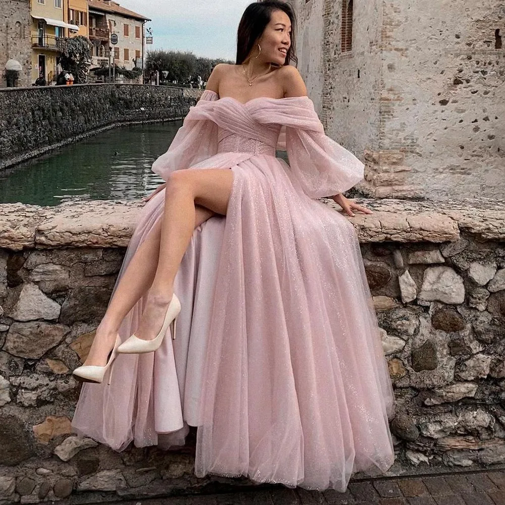 Top Trends: Eeqasn Pink Shiny Tulle Prom Dresses Off The Shoulder Long Puff Sleeve Evening Party Gowns 2023 Slit Women Arabia Wedding Dress Shoppable Styles