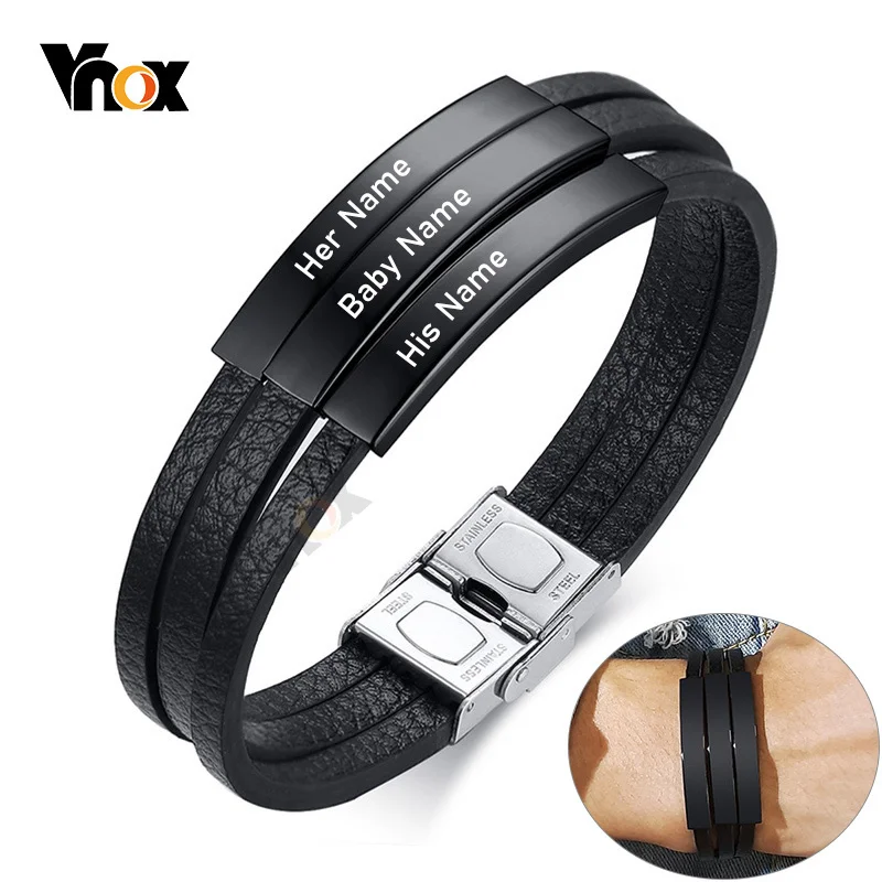 Top Trends: Vnox Personalize Engrave Name Men Multi-Layer Black Leather Wrap Bracelets Custom BFF Family Love Gifts Jewelry Shoppable Styles