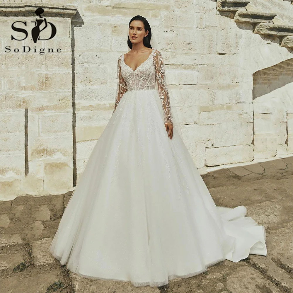 Top Trends: SoDigne Luxury Wedding Dresses Long Sleeves V Neck Appliques Sequins Lace Princess Wedding Gown Women's Bride Dress 2024 Shoppable Styles