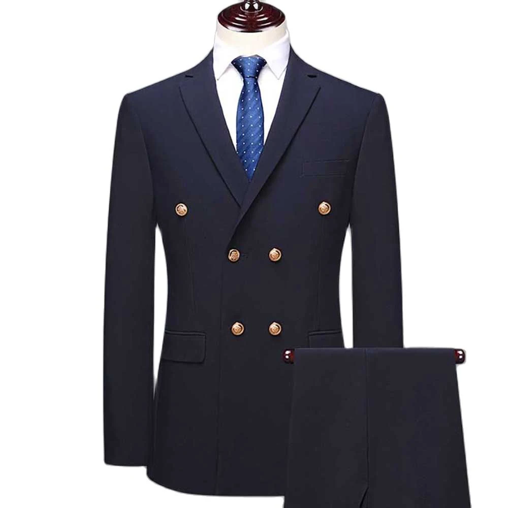 Top Trends: Men's Suits Navy Blue Double Breasted Notched Lapel Formal Occasion Blazer Hombre Groom Terno Two Piece Jacket Pants Slim Fit Shoppable Styles