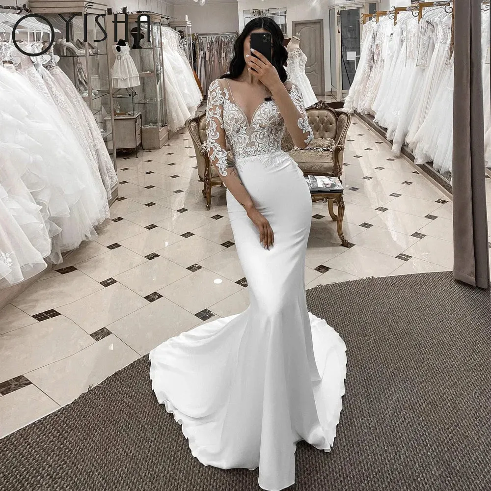 Top Trends: OYISHA Long Lace Sleeves Mermaid Wedding Dresses With Appliques V Neck Detachable Tulle Train Bridal Grown 2023 Robe De Mariée Shoppable Styles