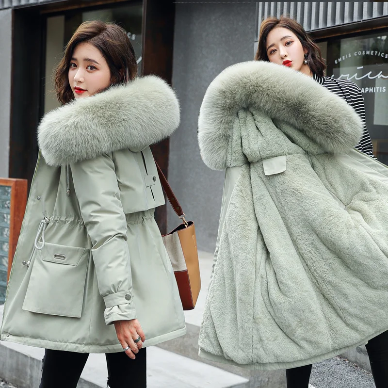 Top Trends: Women Casual Fur Lining With Pockets Big Fur Collar Winter New Parkas Thicken Warm Jacket Hooded Parka Coats Mujer Cotton Coat Shoppable Styles - Image 4