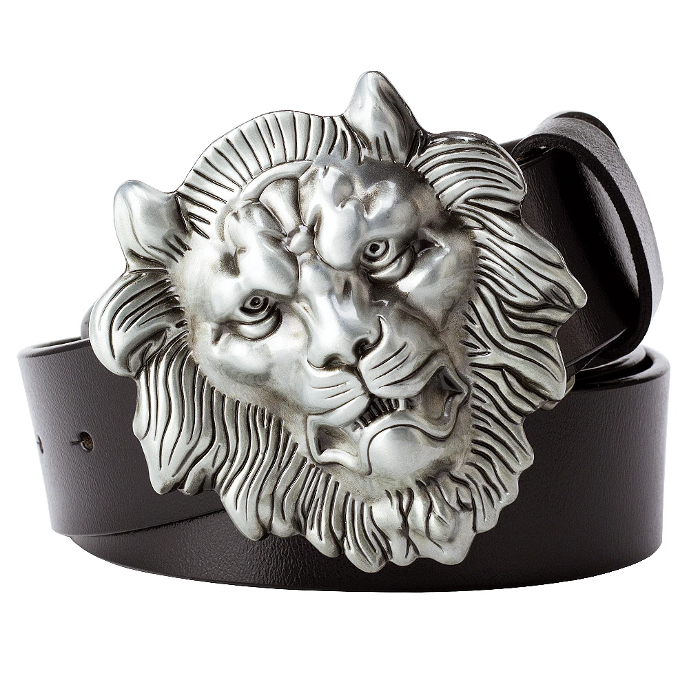 Top Trends: Lion Head Belt Big Brand Sliver Metal Buckle Cowskin Leather Fashion Belts For Men Women Lion&#039;s Head Pattern Animal Shoppable Styles