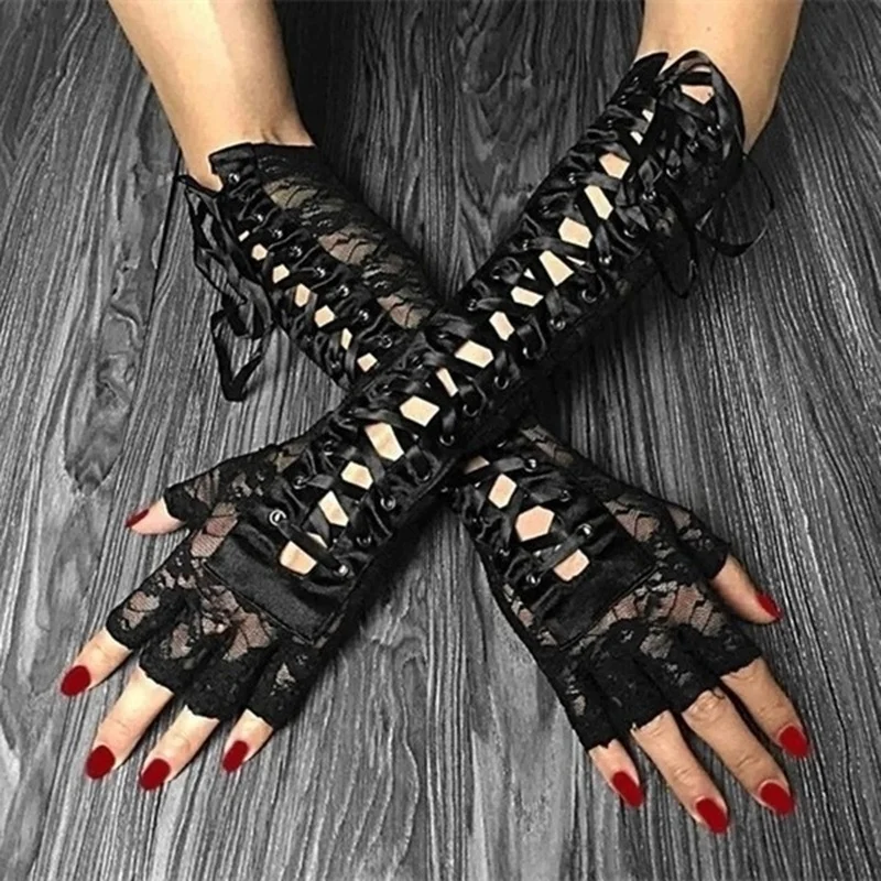 Top Trends: 1 Pair Halloween Retro Women's Long Gloves Lace Corset Arm Elbow Fingerless Glove Black Shoppable Styles