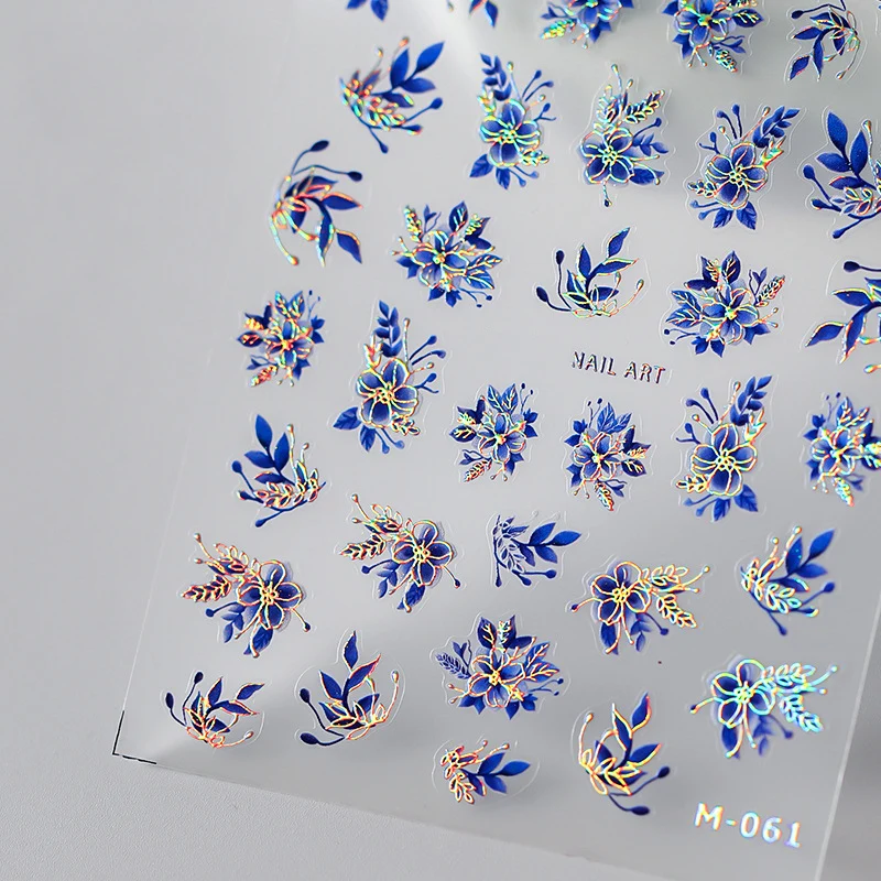 Top Trends: Acrylic Engraved Nail Sticker Holographi Blue Flowers Gold Line Self-Adhesive Nail Transfer Sliders Wraps Manicures Foils Z0661 Shoppable Styles