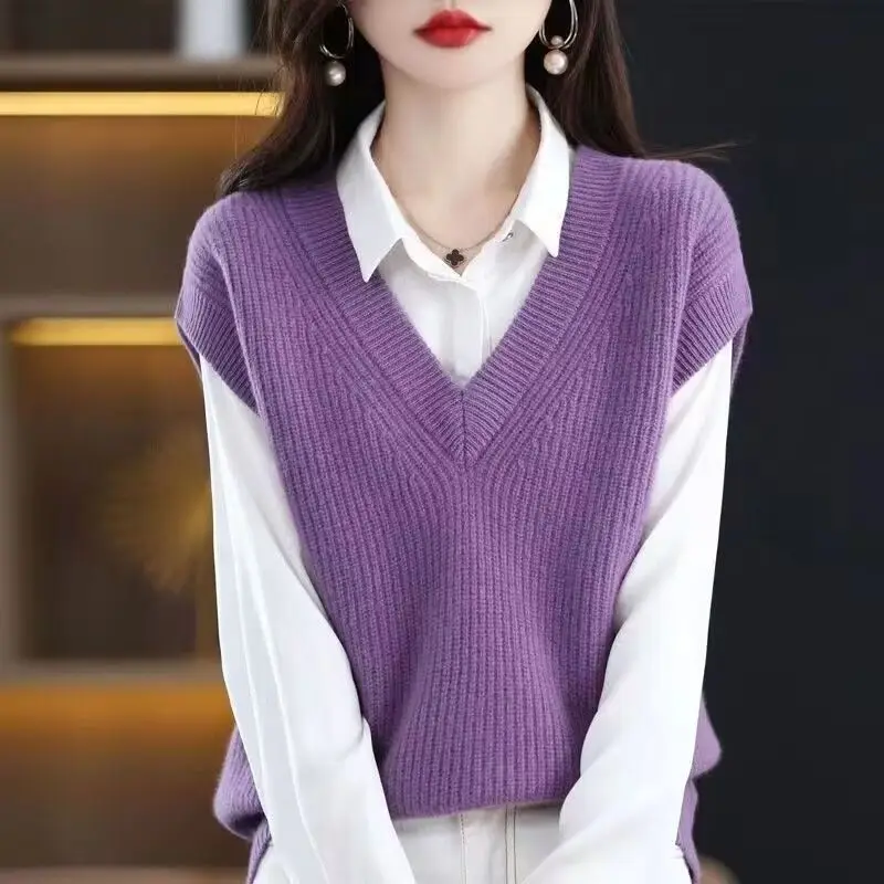 Top Trends: Stylish Solid Color V-Neck Knitted Vest Sweater Women's Clothing 2022 Autumn New Loose Casual Pullover Korean Tops Shoppable Styles