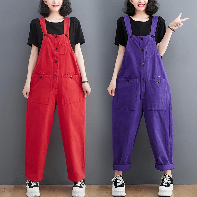 Top Trends: Loose Big Size Overalls For Women Casual Streetwear Strap Purple Red Denim Jumpsuit Single Breasted Suspenders Baggy Cargo Pants Shoppable Styles