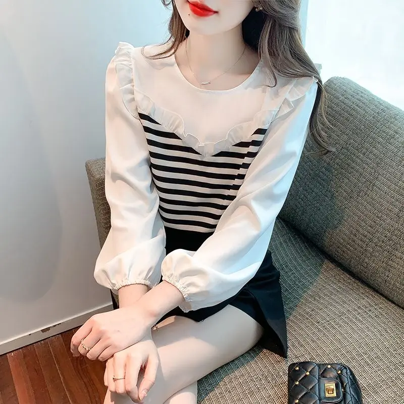 Top Trends: Fashion O-Neck Striped Spliced Ruffles Blouses Women's Clothing 2023 Autumn Winter Loose Casual Tops Commuter Shirts Shoppable Styles