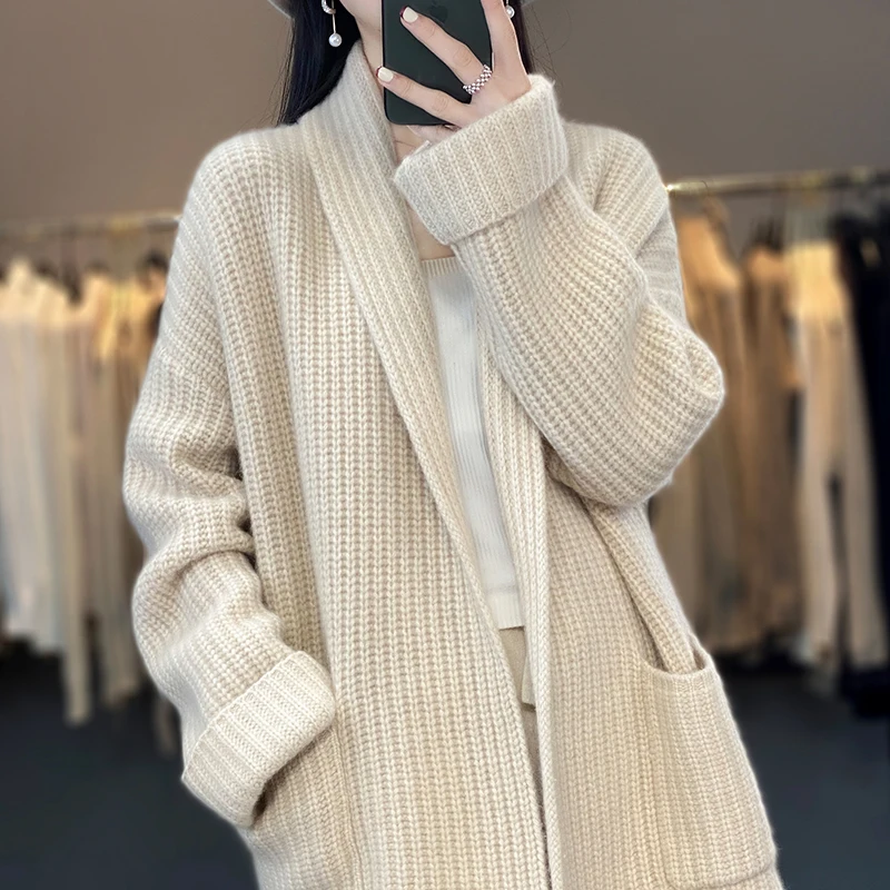 Top Trends: Autumn And Winter Heavy Long V-Neck 100 Pure Wool Cardigan Women's Loose Wool Knitted Jacket With Pocket Shoppable Styles