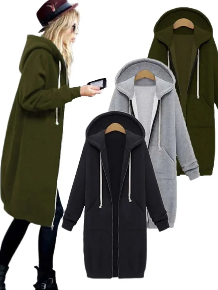 Top Trends: 2023 Autumn Winter Women Solid Color Coat Zip Up Outerwears Hooded Jacket Long Hoodies Sweatshirt Pockets Casual Outwear Tops Shoppable Styles