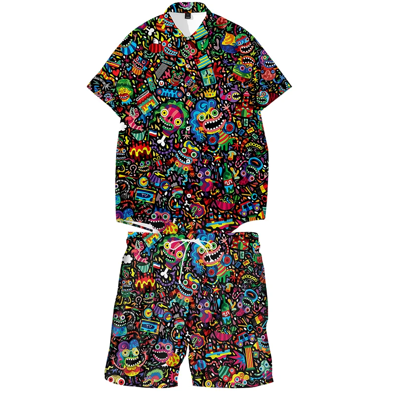 Top Trends: Psychedelic Graffiti Anime Summer Polo Short Sleeve T-shirts Two Piece Set Tracksuit Men's Sets Clothes Plus Size Dropship 4XL Shoppable Styles