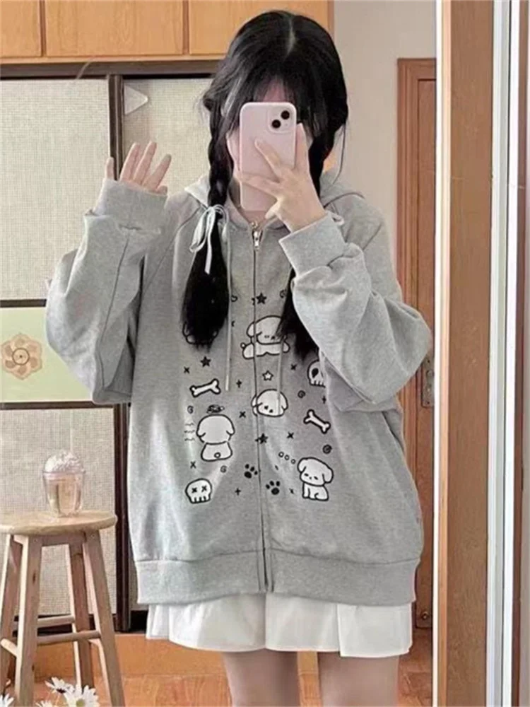 Top Trends: QWEEK Japanese Y2K Zip Up Hoodie Women Harajuku Kawaii Anime Print Gray Hooded Jacket Oversized Korean Cute Girly Sweatshirts Shoppable Styles