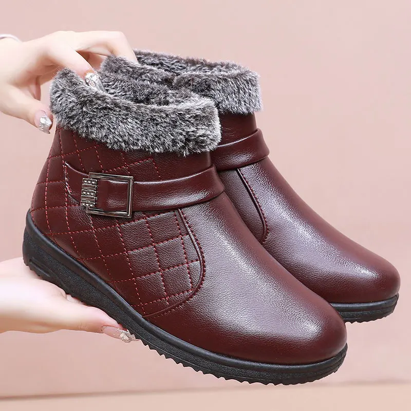 Top Trends: Cosy Faxu Fur Hem Ankle Boots Mother Winter Shoes For Women Buckle Deco Leather Short Boot Ladies Black Flat Booties Warm Plush Shoppable Styles