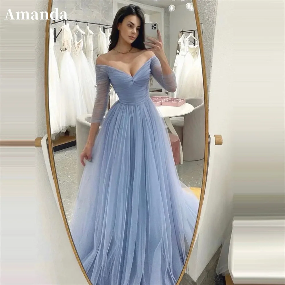 Top Trends: Amanda Baby Blue A-line Evening Dress Long Sleeve Prom Dress 2023 Sexy V-neck Party Dress Elegant Tulle Prom Gown Shoppable Styles