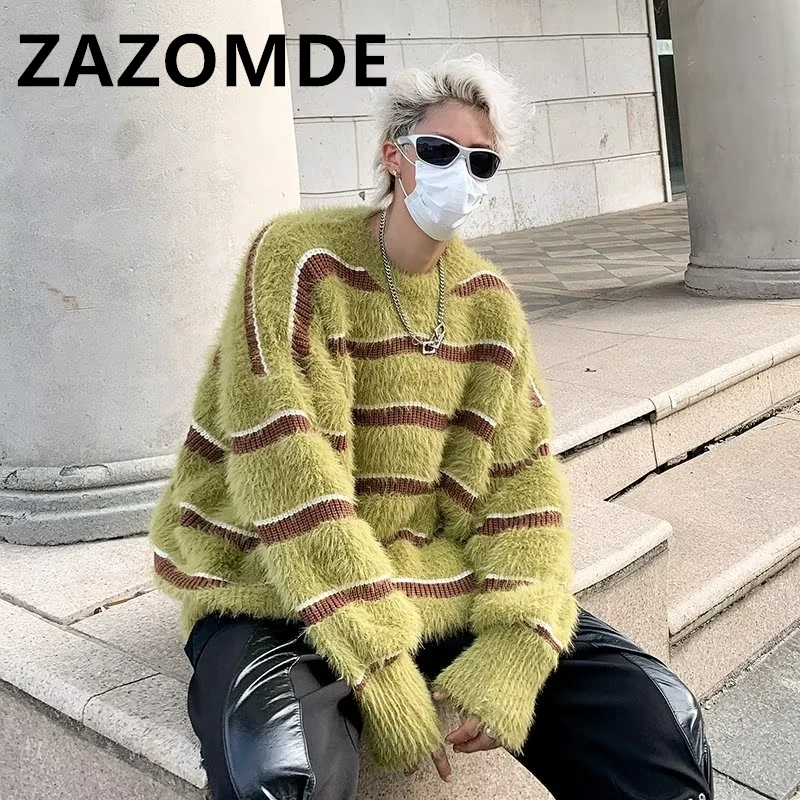 Top Trends: ZAZOMDE Winter Warm Soft Sweater Loose Trendy Loose Striped Jumper Round Neck Casual Knitted Oversized High Street Sweater Men Shoppable Styles