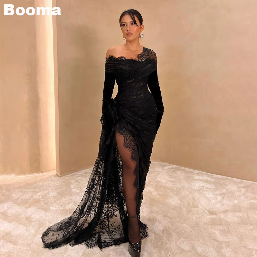 Top Trends: Booma Black Sexy Lace Mermaid Evening Dresses Long Sleeves Draped Pleat Women's Formal Party Dress High Leg Slit Prom Gowns Shoppable Styles