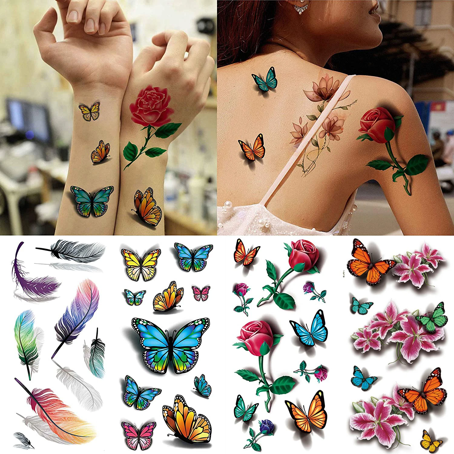 Top Trends: Feather Butterfly Temporary Tattoos Sticker For Women&#039;s Body Protection Tattoo 3D Rose Flower Anime Fake Stickers Waterproof Shoppable Styles