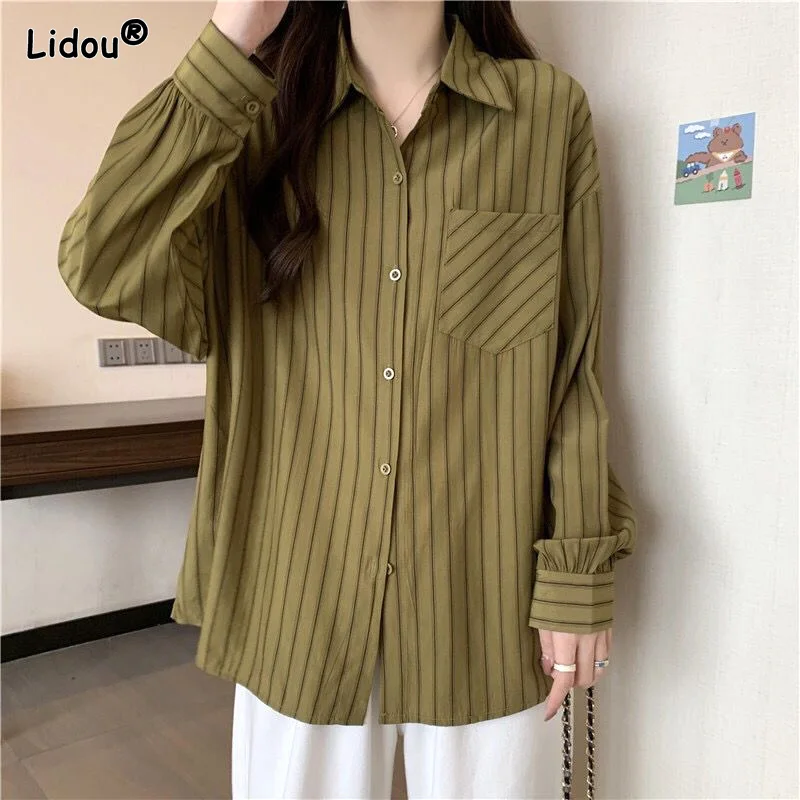 Top Trends: Premium Loose Women Shirt Turn-down Elegant Striped Collar Preppy Style Classic Fashion Hipster Women&#039;s Clothing 2022 Cardigan Shoppable Styles