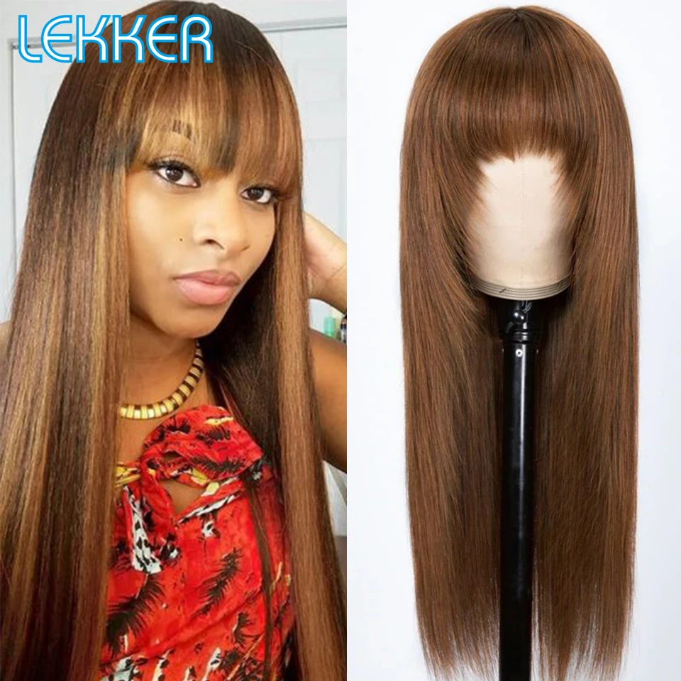 Top Trends: Lekker Highlight Brown Human Hair Wig With Bangs For Women Brazilian Remy Hair Glueless Bone Straight Long Bob Non Lace Wigs Shoppable Styles