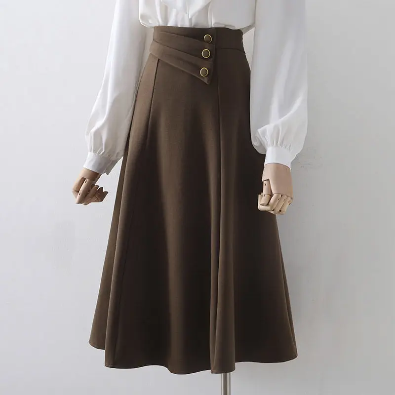 Top Trends: Fashion Solid Color Spliced Button Asymmetrical Skirts Women&#039;s Clothing 2023 Autumn Winter Loose Office Lady High Waist Skirt Shoppable Styles