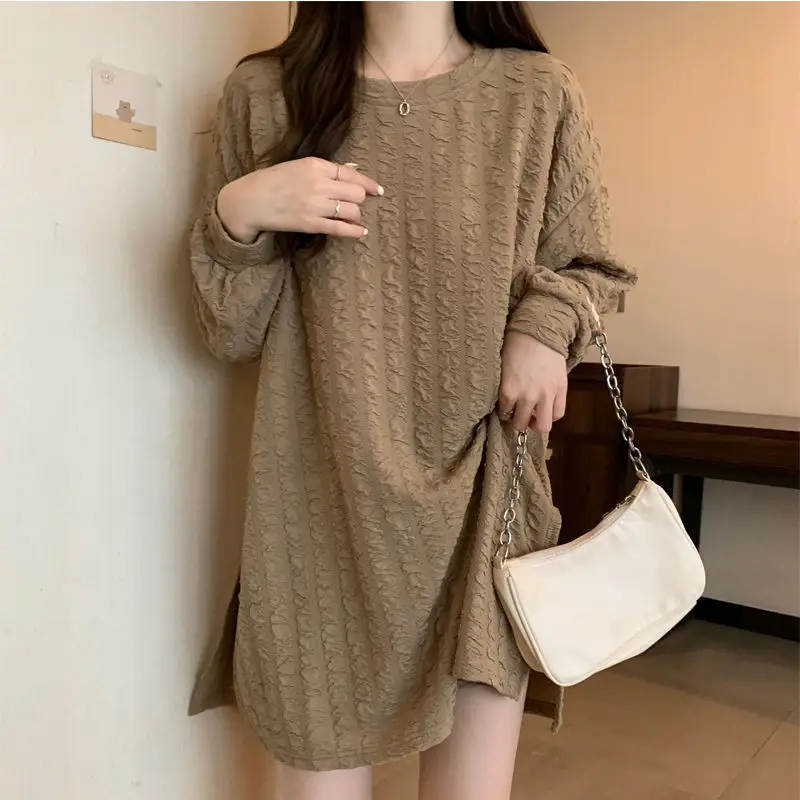 Top Trends: Casual Split Hem Loose T Shirt Tops Spring Autumn New Long Sleeve O-neck Solid Youth Pullovers Fashion Vintage Women Clothing Shoppable Styles