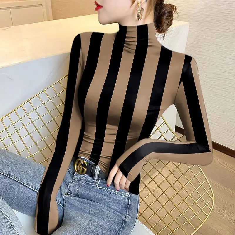 Top Trends: Women&#039;s Casual Turtleneck Striped Printed Tops 2023 Spring And Autumn Slim Office Lady Fashion Long Sleeve Pullover T-shirt Shoppable Styles